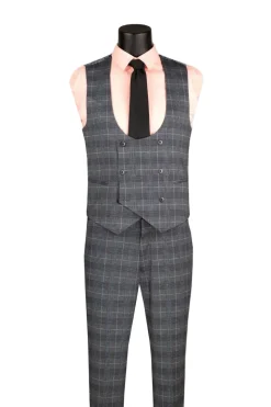 Gray Slim Fit 3 Piece 1 Button Windowpane Suit
