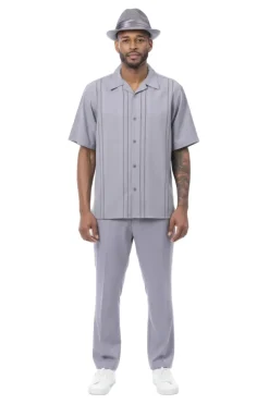 Gray Vertical Stripe Short Sleeve Walking Suit