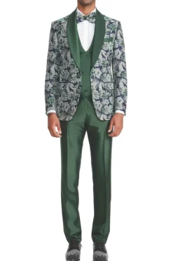 Green Slim Fit 3 Piece Floral Jacquard Tuxedo