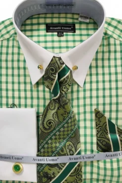 Green Windowpane French Cuff Dress Shirt Set