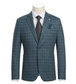Half Canvas Slim Fit Blazer in Green Blue Check