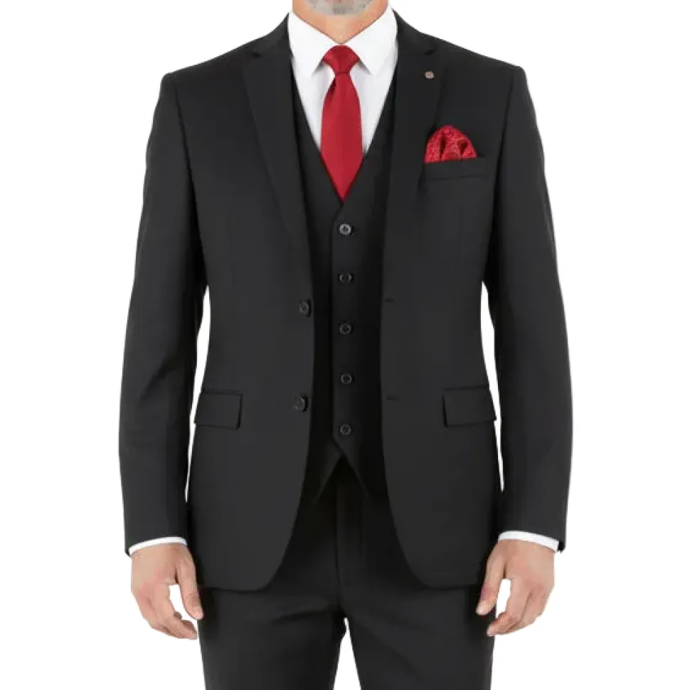 Hudson Collection - Black Regular Fit 3 Piece Notch Lapel Suit