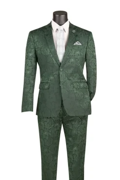 Hunter Green Tone on Tone Paisley Pattern Slim Fit Men's 2 Piece Suit