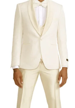 Ivory Slim Fit Tuxedo 4 Piece with Satin Shawl Collar Beveled Designed Vest
