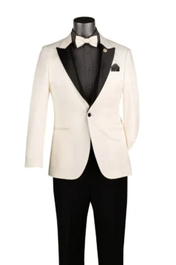 Ivory White Textured Jacquard Peak Lapel Tuxedo Blazer
