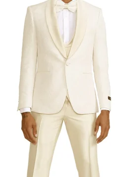 Ivory Slim Fit Tuxedo 4 Piece with Satin Shawl Collar Beveled Designed Vest