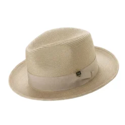 Khaki Braided Wide Brim Pinch Fedora Matching Grosgrain Ribbon