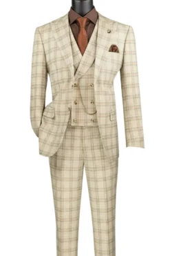 Khaki Modern Fit Windowpane Peak Lapel 3 Piece Suit