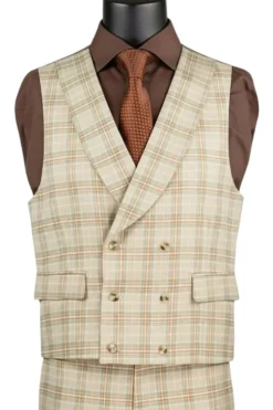 Khaki Modern Fit Windowpane Peak Lapel 3 Piece Suit