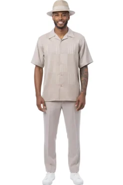 Khaki Geometric Jacquard Panel Short Sleeve Walking Suit