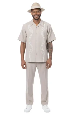 Khaki Wave Embroidery Short Sleeve Walking Suit