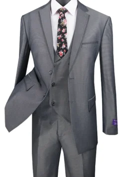 (48L) Birdseye Pattern Modern Fit 3 Piece Charcoal Suit