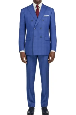 (48L) Blue Double Breasted 2 Piece Suit Regular Fit Glen Plaid