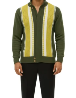 (L) Olive Vertical Pattern Zip Sweater Jacket