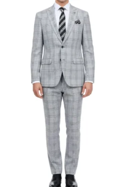 (42L, 48R) Slim Fit Gray 2 Piece Glen Plaid Suit