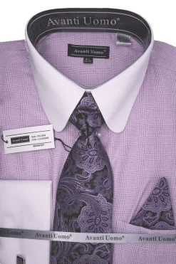 Lavender Windowpane Dress Shirt Set with Tie and Handkerchief