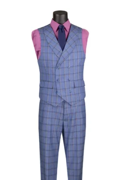 Lazio Collection - Modern Fit Windowpane Suit 3 Piece in Blue with Adjustable Waistband Pants