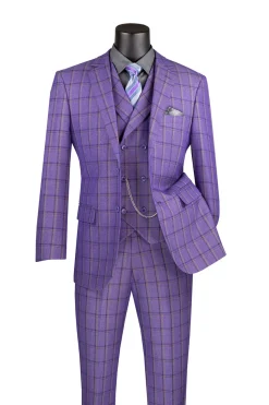 Lazio Collection - Modern Fit Windowpane Suit 3 Piece in Purple