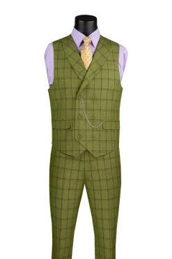 Lazio Collection - Modern Fit Windowpane Suit 3 Piece in Moss Green with Adjustable Waistband Pants