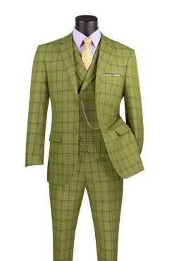 Lazio Collection - Modern Fit Windowpane Suit 3 Piece in Moss Green with Adjustable Waistband Pants