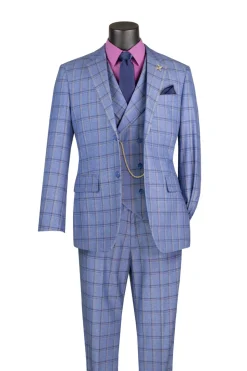 Lazio Collection - Modern Fit Windowpane Suit 3 Piece in Blue with Adjustable Waistband Pants