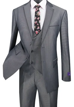 (48L) Birdseye Pattern Modern Fit 3 Piece Charcoal Suit
