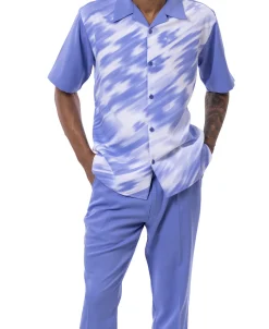 (L) Blue Abstract Print Walking Suit 2 Piece Short Sleeve Set