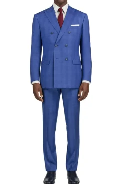 (48L) Blue Double Breasted 2 Piece Suit Regular Fit Glen Plaid