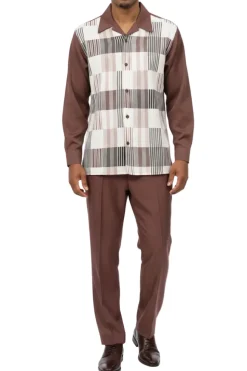 (L) Coffee Plaid Long Sleeve Walking Suit
