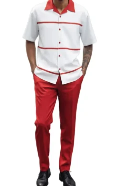(L) Crimson Horizontal Line Walking Suit 2 Piece Short Sleeve Set