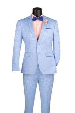 Light Blue Tone on Tone Paisley Pattern Slim Fit Men's 2 Piece Suit
