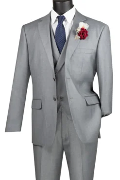 Light Gray Modern Fit 3 Piece Suit with Vest and Adjustable Waistband Pants