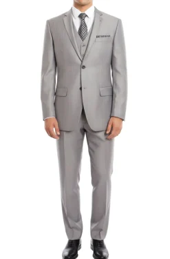 Light Gray 3 Piece Modern Fit Suit 2 Button V-Neck Vest