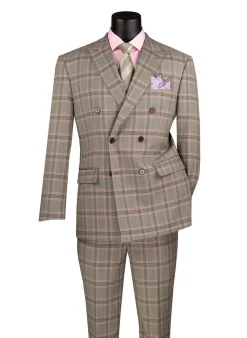 Light Taupe Modern Fit Double Breasted Glen Plaid Peak Lapel 2 Piece Suit