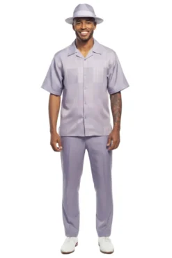 Lilac Geometric Jacquard Panel Short Sleeve Walking Suit