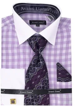 Lilac Check Dress Shirt Set with Button Cuff
