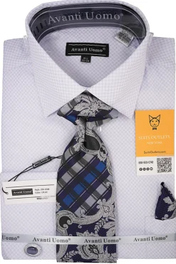 Lilac Mini-Check French Cuff Dress Shirt Set with Tie, Cuff Links and Pocket Square