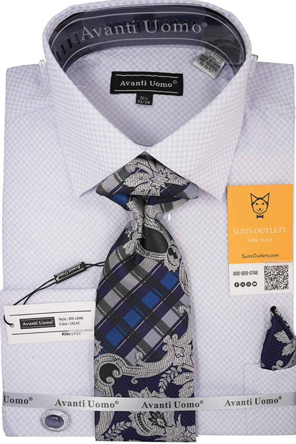 Lilac Mini-Check French Cuff Dress Shirt Set with Tie, Cuff Links and Pocket Square