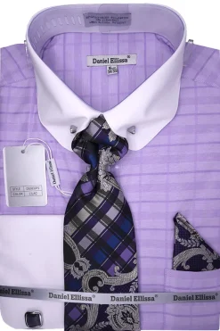 Lilac Tone-on-tone Check Dress Shirt Set with Tie and Handkerchief