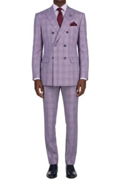 (Limited Sizes) Regular Fit Light Purple Glen Plaid Double Breasted 2-Piece Suit