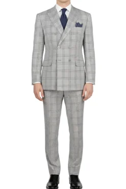 (Limited Sizes) Regular Fit Light Gray Glen Plaid Double Breasted 2-Piece Suit
