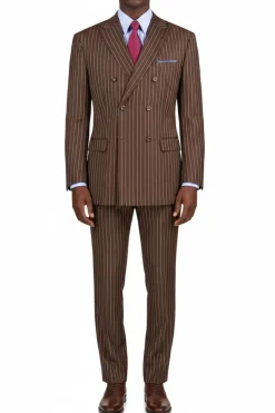(44L, 50L, 52R) Brown Regular Fit 2 Piece Pinstripe Double Breasted Suit