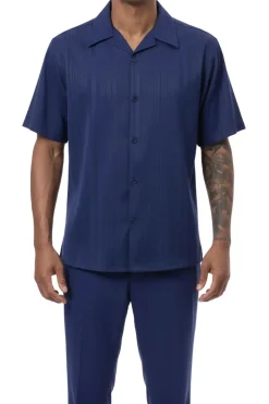 (L) Navy Tone-on-tone Vertical Striped Walking Suit 2 Piece Short Sleeve Set