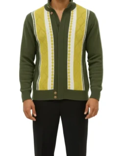 (L) Olive Vertical Pattern Zip Sweater Jacket