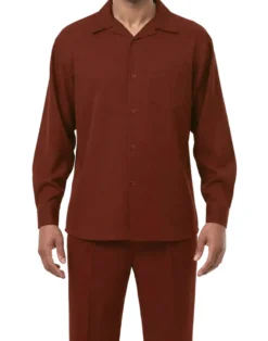 Long Sleeve Walking Suit 2 Piece Set with Flexible Waist Pants in Maroon