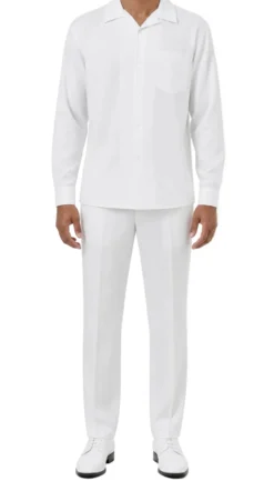 Long Sleeve Walking Suit 2 Piece Set with Flexible Waist Pants in White