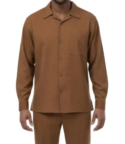 Long Sleeve Walking Suit 2 Piece Set with Flexible Waist Pants in Taupe