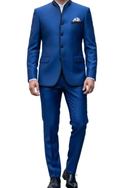 (42L) Slim Fit Banded Collar Blue Suit