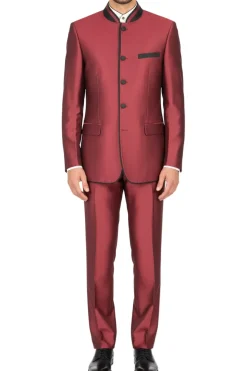 (40L) Slim Fit Banded Collar Wine Suit