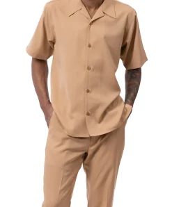(L) Solid Tan Walking Suit 2 Piece Short Sleeve Set